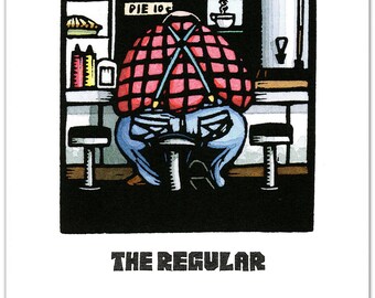Greeting Card (1) of a Large Man at a Cafe Counter titled "The Regular"