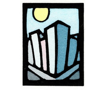 Original Linocut (0342) of a Small Cityscape
