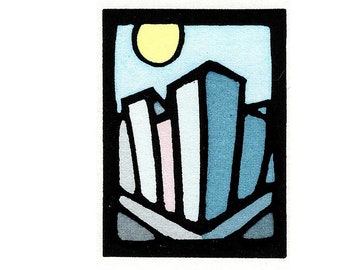 Original Linocut (0342) of a Small Cityscape