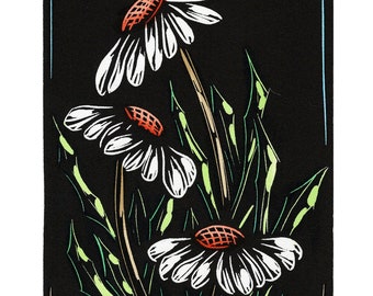 Original Linocut (9901) of Three Flowers by Ken Swanson