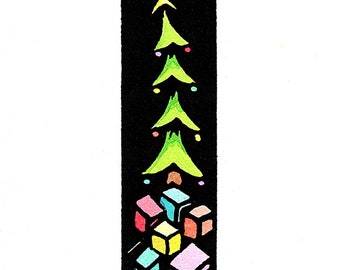 Original Linocut (2243) of a Christmas Tree with Packages by Ken Swanson