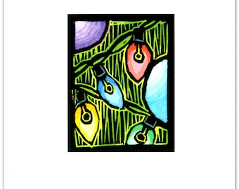 6 Christmas Cards of Colorful Lights in a Christmas Tree from my Original Linocut (#0138)