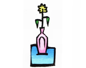 Original Linocut (1930) of Flower in Vase By Ken Swanson
