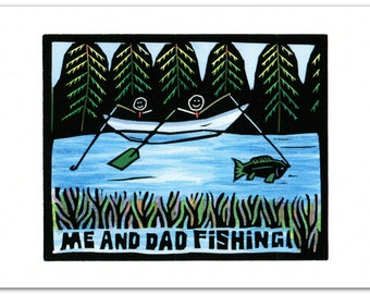 Greeting Card (1) Titled "Me and Dad Fishing" from a Linocut (#1027)