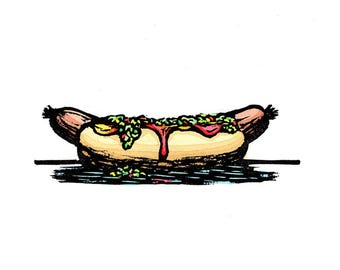 Original Linocut (2532) of a Hot Dog with Ketchup, Mustard, and Relish