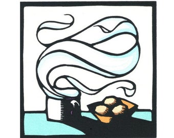 Original Linocut (1102) of Coffee, Steam and Snack by Ken Swanson