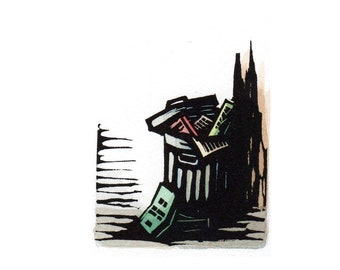 Original Linocut (1537) of Trash Can with Books and Lid By Ken Swanson