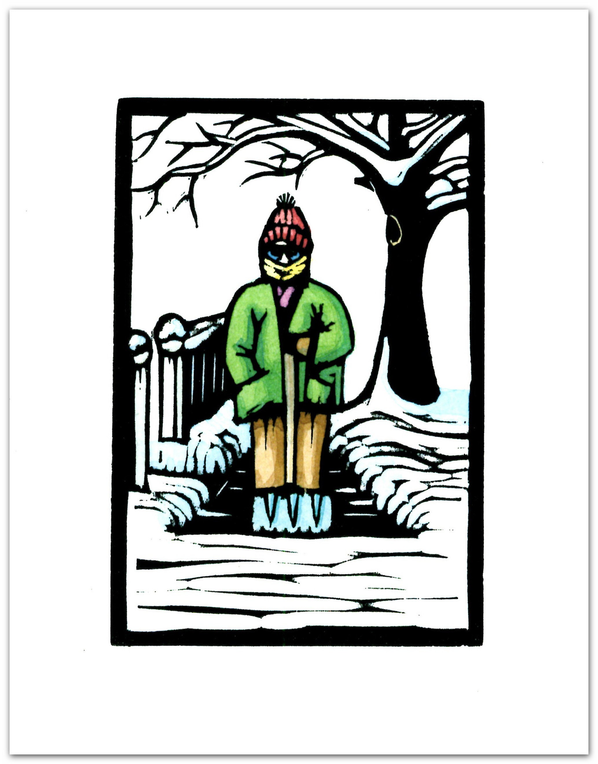 12 Greeting Cards of a Person Shoveling Snow from an Original Linocut by Ken Swanson (#1449)