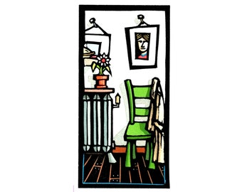 Original Linocut (0844) "Room with Green Chair" by Ken Swanson