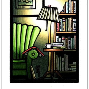 Greeting Card (1) of a Cozy Place for Reading from an Original Linocut by Ken Swanson (#0808)