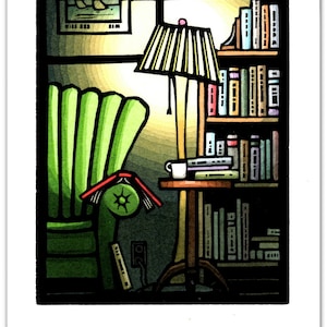 Greeting Card (1) of a Cozy Place for Reading from an Original Linocut by Ken Swanson (#0808)