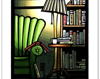 Greeting Card (1) of a Cozy Place for Reading from an Original Linocut by Ken Swanson (#0808)