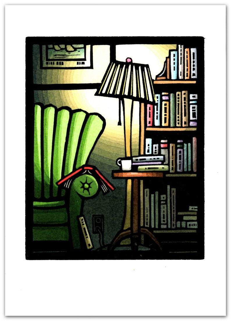 Greeting Card 1 of a Cozy Place for Reading from an Original Linocut by Ken Swanson 0808 image 1