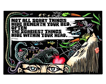 Original Linocut (1128) Print about Letting Your Imagination Run Wild
