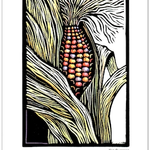 May include: A colorful illustration of an ear of corn with red, yellow, blue, and purple kernels. The corn is surrounded by green leaves.