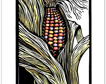 Fall Greeting Card (1) of an Ear of Indian Corn from My Original Linocut  (#8704)