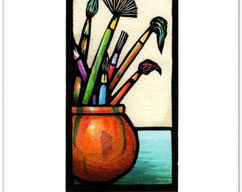 NEW Greeting Card (6) of a Pot with Artists Paint Brushes