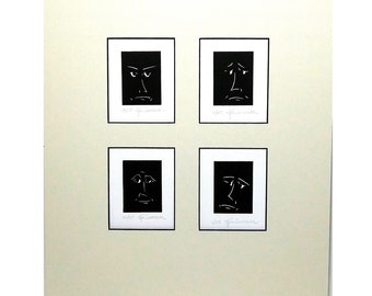 Original Linocut (0764) of Four Faces by Ken Swanson