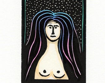 NEW Linocut (2440) Small Portrait of a Woman with Colorful  Hair