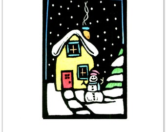 6 Christmas Cards from a Linocut depicting a Winter Scene with a Snowman and Yellow House