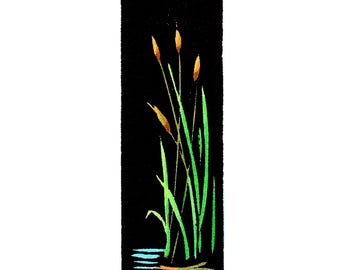 Original Linocut (2434) of Cattails in Water