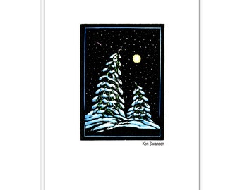 12 Greeting Cards of Two Snow Covered Trees by Moonlight from an Original Linocut by Ken Swanson (#1830)