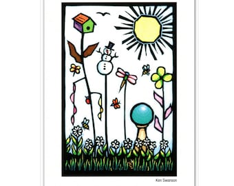 Greeting Card (1) Titled "How Does YOUR Garden Grow?" from a Linocut by Ken Swanson (#1418)
