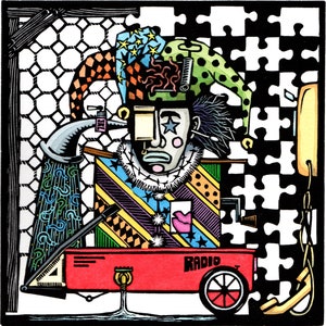 May include: A colorful illustration of a jester with a red, yellow, and green striped hat. The jester is holding a spray bottle and a shower head. The jester is standing in front of a red wagon with the word "RADIO" printed on the side. The wagon has a black and white checkered pattern on the back.