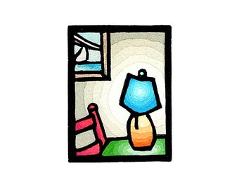 Original Linocut (2429) A Small Print of a Blue Lamp, Red Chair, and Picture on the Wall