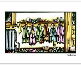 Christmas Card (1) of a School Cloak Room in Winter from my Original Linocut (#9747)