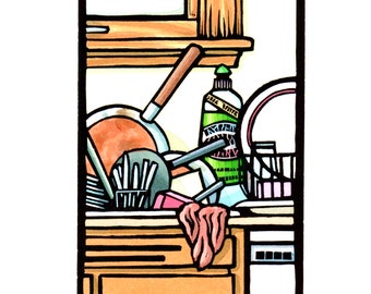 Original Linocut (0515) of a Sink of Dirty Dishes