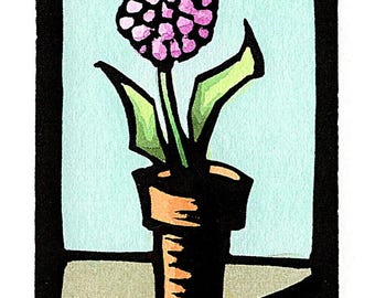 NEW Linocut (2606) Small Print of a Pink Flower in a Terracotta Pot