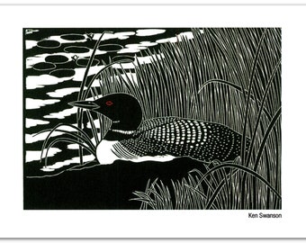 Greeting Card (1) of a Common Loon from an Original Linocut (#8611)