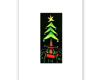 1 Christmas Card from a Linocut Depiction a Christmas Tree in a Stand