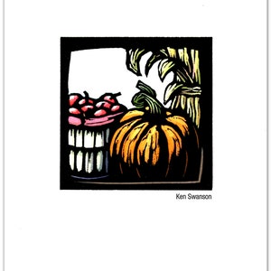 12 Greeting Cards of a Fall Harvest Scene with Apples, Pumpkins and Corn from an Original Linocut by Ken Swanson (#1003)