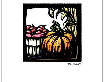 Greeting Card (1) of a Fall Harvest Scene with Apples, Pumpkins and Corn from an Original Linocut by Ken Swanson (#1003)