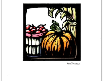 Greeting Card (1) of a Fall Harvest Scene with Apples, Pumpkins and Corn from an Original Linocut by Ken Swanson (#1003)