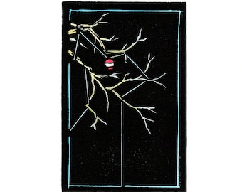Original Linocut (2528) of a Fishing Line and Bobber Stuck in a  Tree