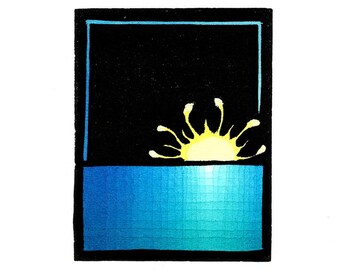 Original Linocut (2543) Small Print of a Sunrise? over a Lake/Ocean