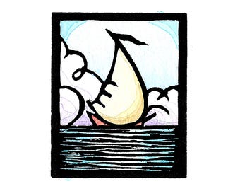 Original Linocut (2524) of a Sailboat