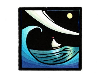 NEW Linocut (2548) of a Sailboat at Sea with Wave, Sun, and Clouds