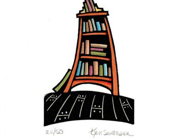 Original Linocut (1305) of Bookcase By Ken Swanson