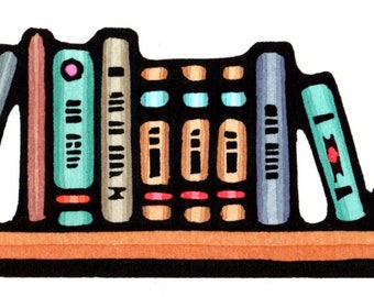 Original Linocut (0825) of a Book Shelf