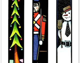 Greeting Card (1) of a Christmas Tree, Nutcracker, and Snowman from Linocuts by Ken Swanson (#2017)