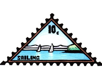 Original Linocut (0328) of a Stamp about Sailing By Ken Swanson