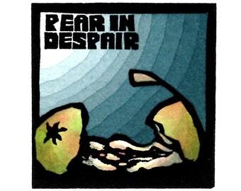 Original Linocut (1332) of a Pear in Despair By Ken Swanson