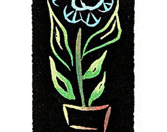 NEW Linocut (2607) Small Print of a Blue Potted Flower