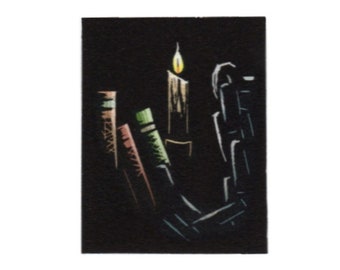 Original Linocut (1602) of Candle, Books, and Chain By Ken Swanson