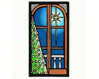 Original Linocut (9927) of a Christmas Tree and Star in Sky