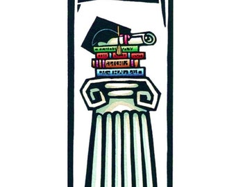 Original Linocut (0029) of Books on Pedestal by Ken Swanson